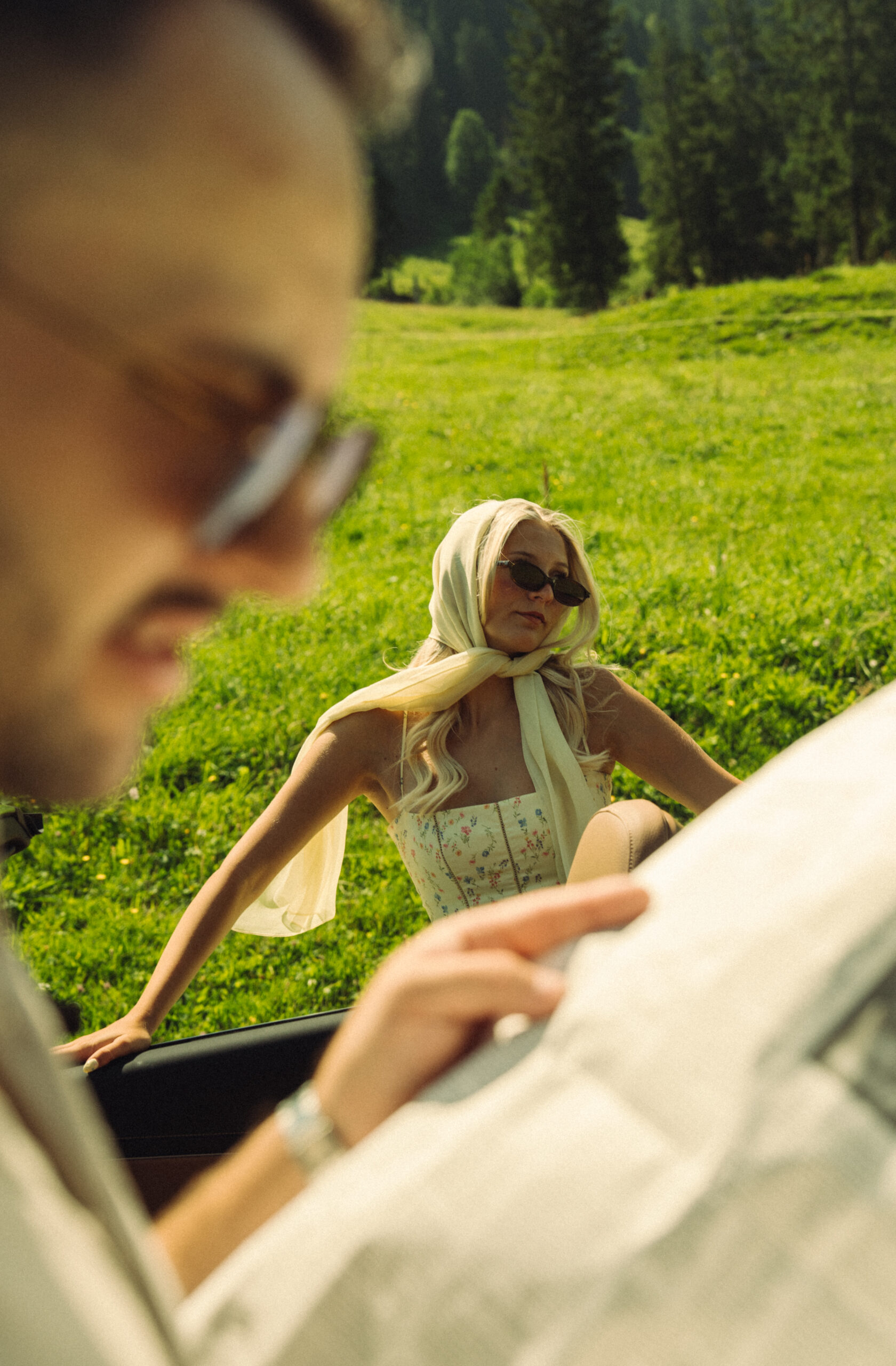 A cinematic photo of a couple taken during their mountain bridal adventure in Rosenlaui, Switzerland.