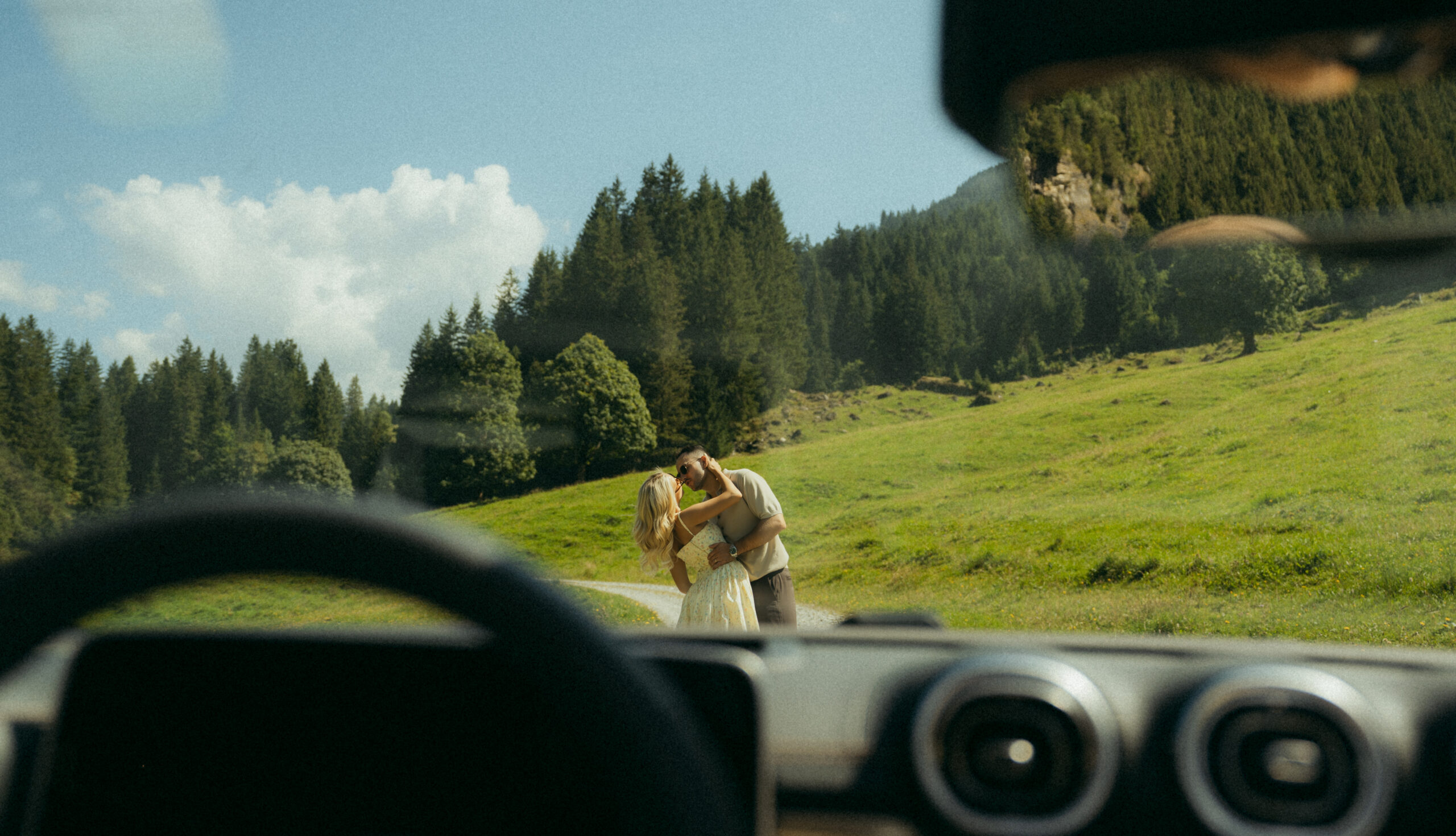A cinematic photo of a couple taken during their mountain bridal adventure in Rosenlaui, Switzerland.