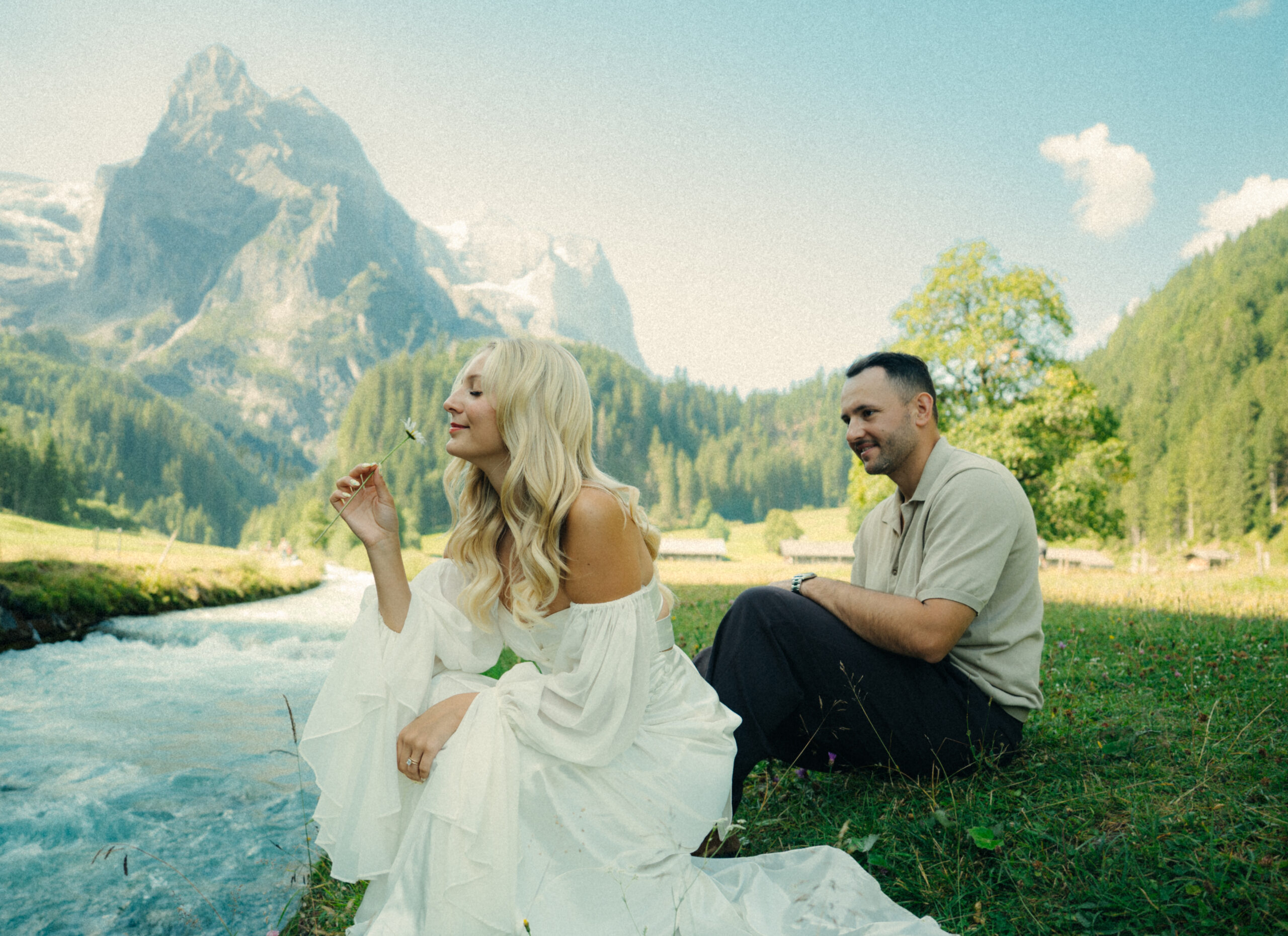 A cinematic photo of a couple taken during their mountain bridal adventure in Rosenlaui, Switzerland.