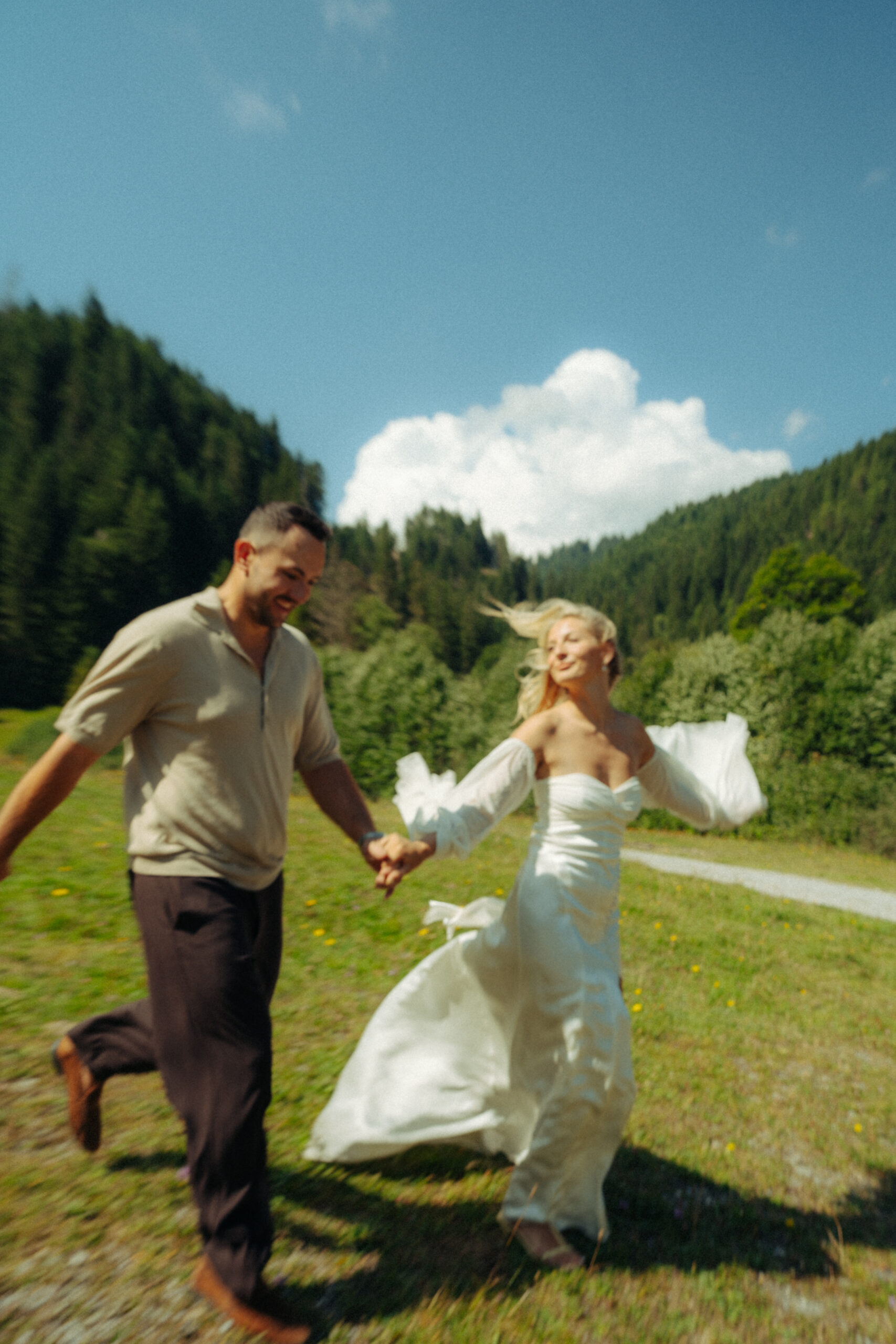 A cinematic photo of a couple taken during their mountain bridal adventure in Rosenlaui, Switzerland.