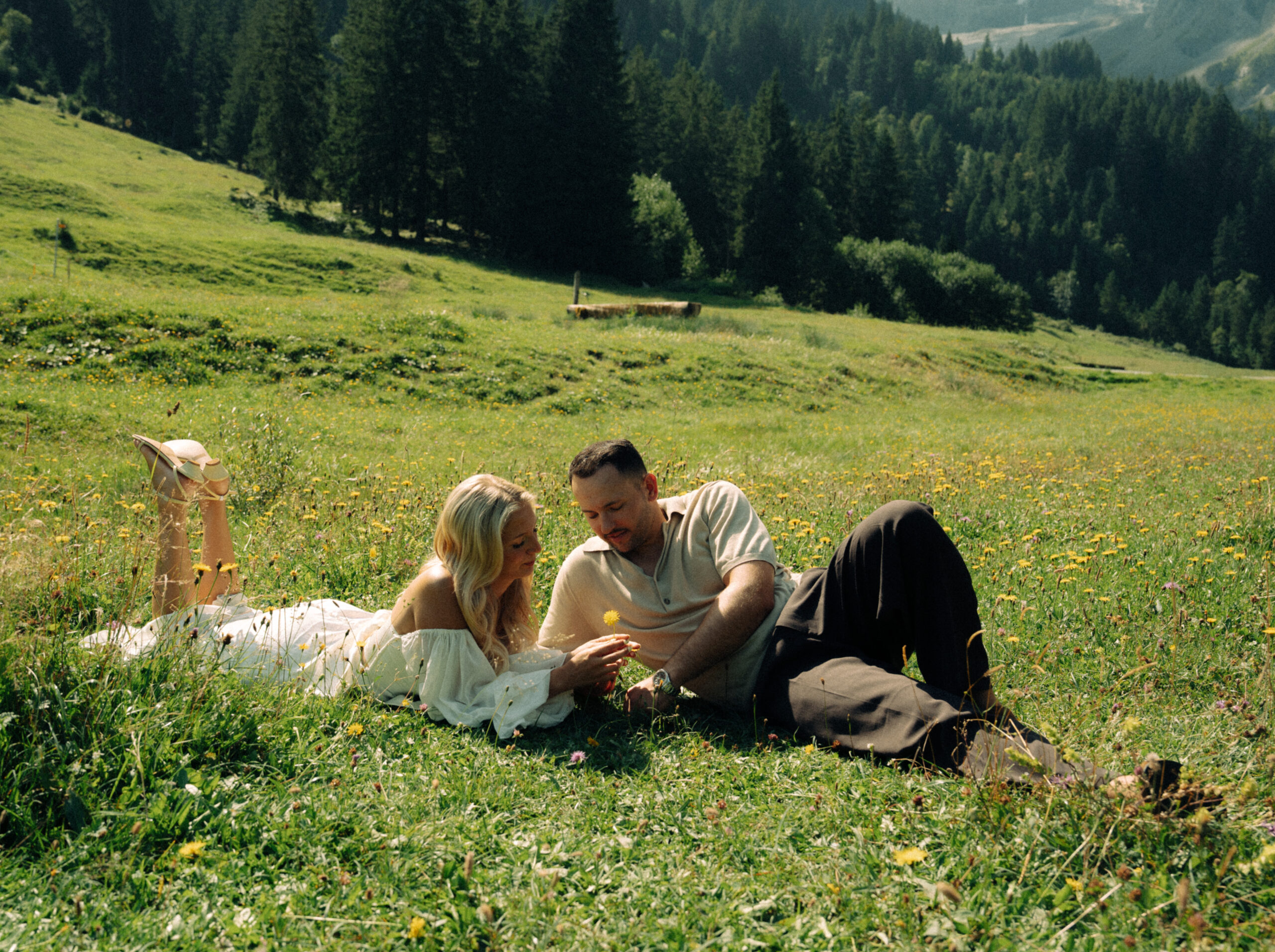 A cinematic photo of a couple taken during their mountain bridal adventure in Rosenlaui, Switzerland.