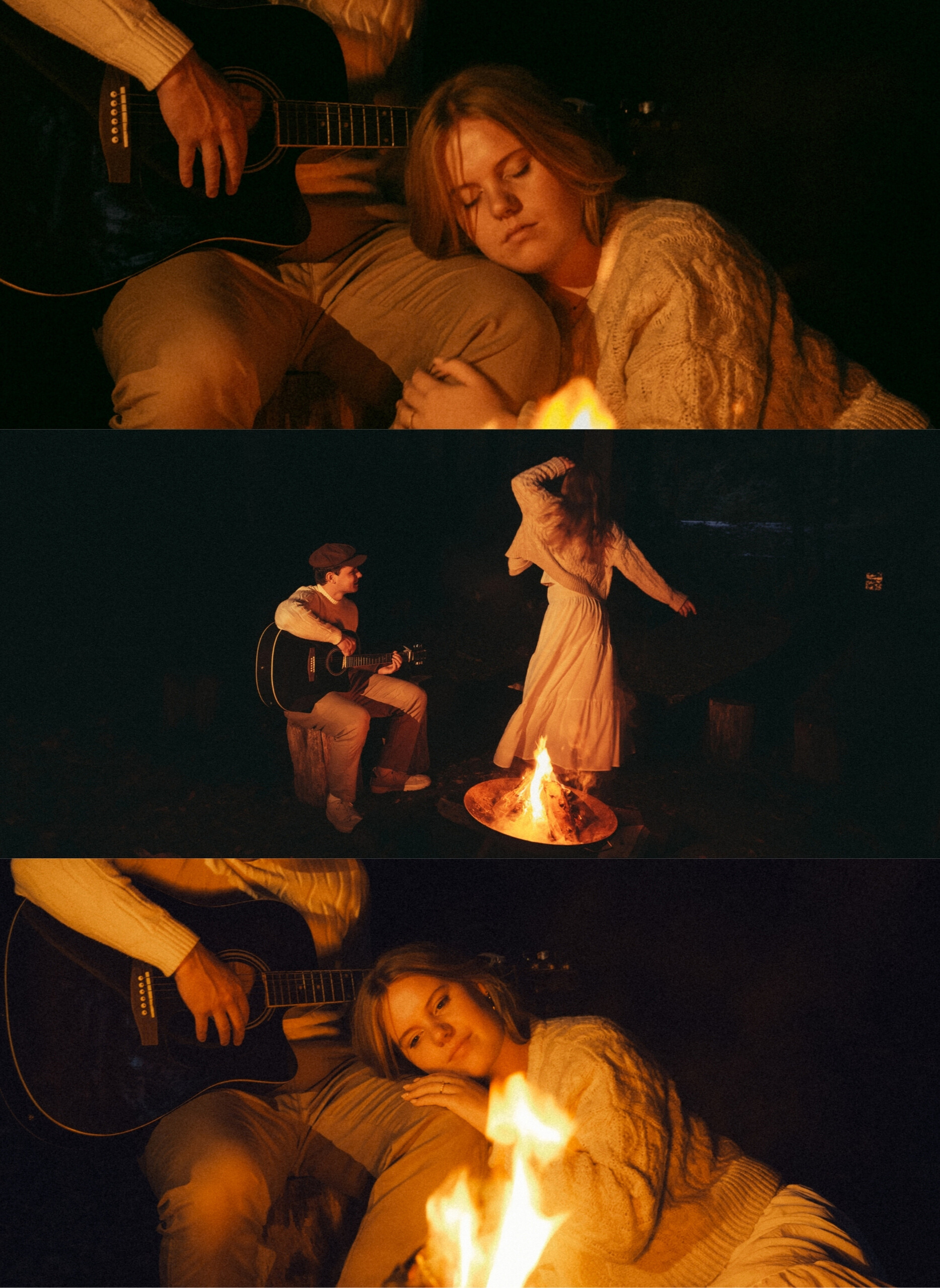 Some cinematic photos of a couple around a campfire at night in Belgium.