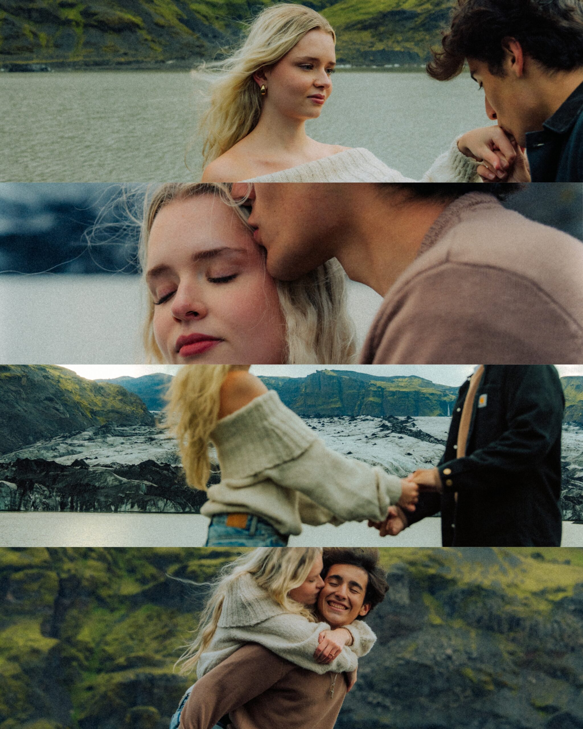 Some cinematic photos of a couple near a glacier in Iceland.