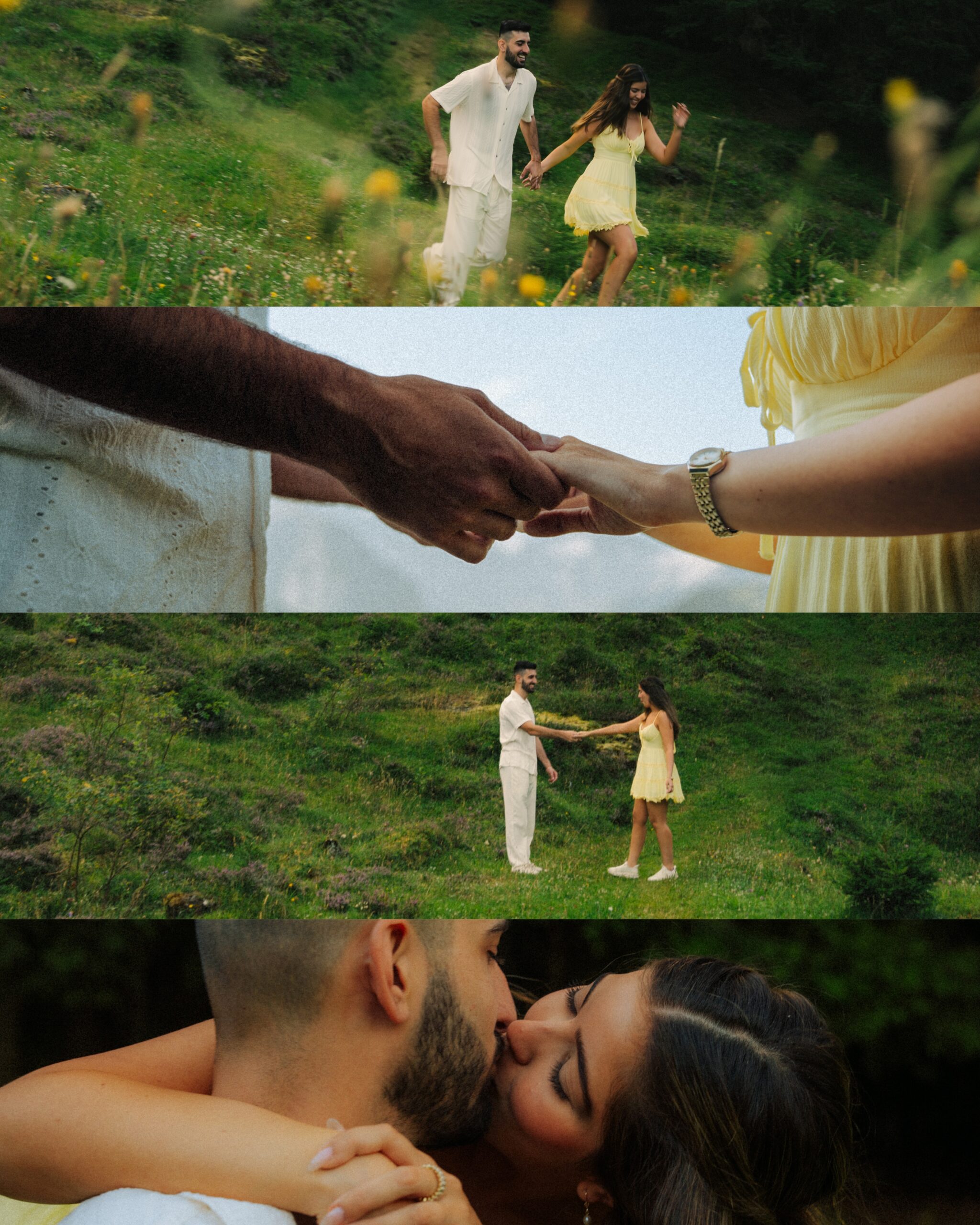 Some cinematic photos of a couple in a meadow in Switzerland.