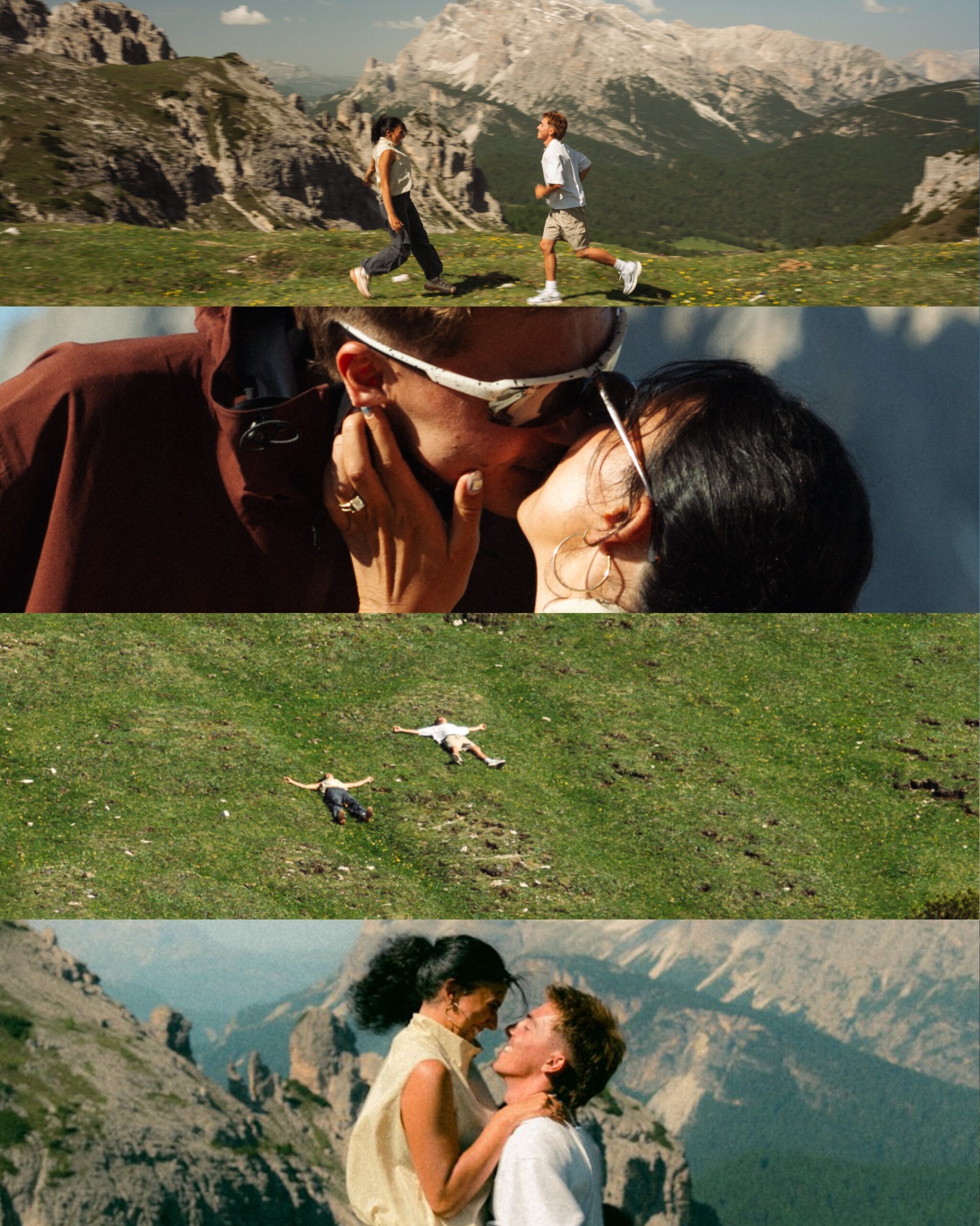 A few cinematic photos of a couple posing near the Dolomites.