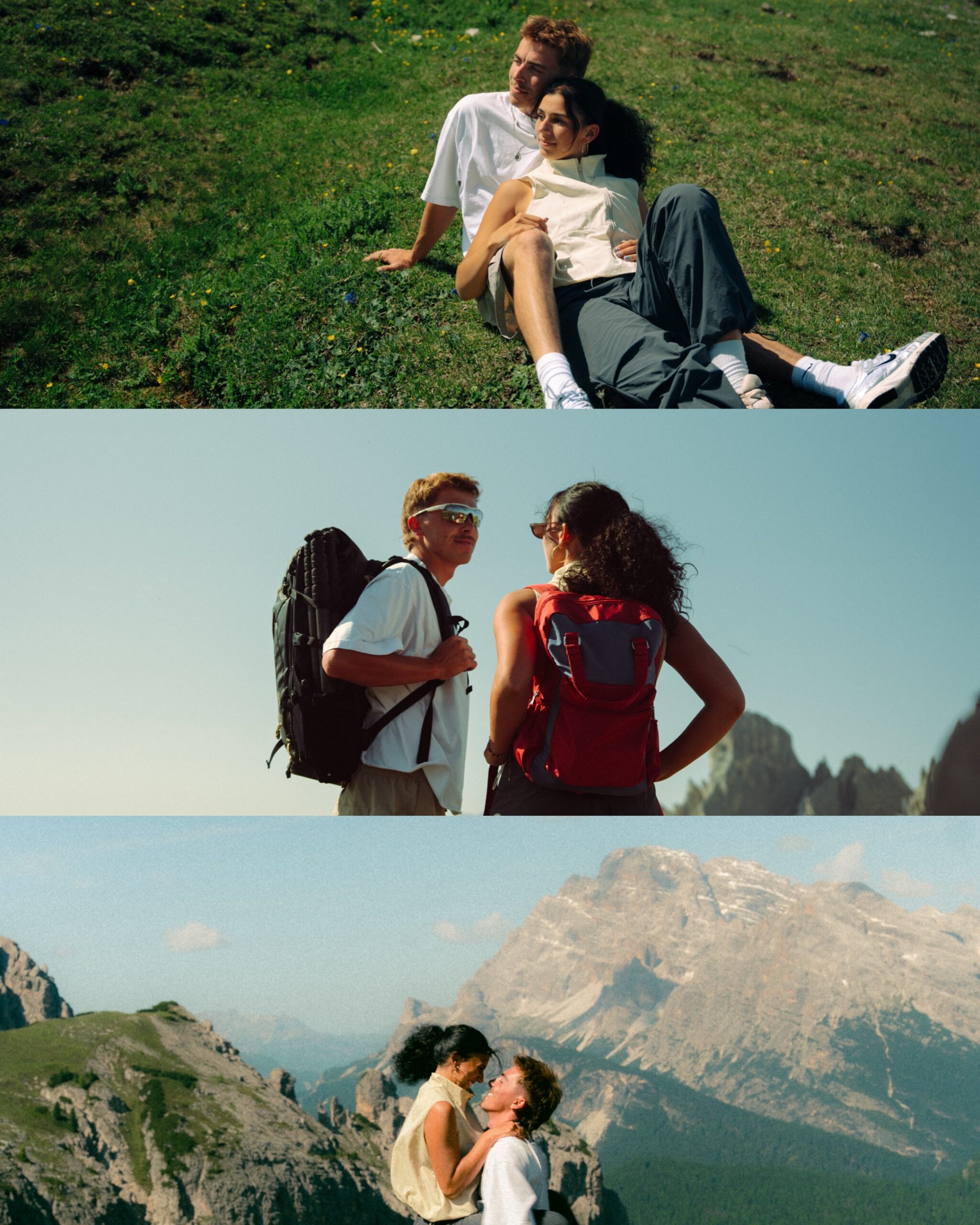 A few cinematic photos of a couple posing near the Dolomites.