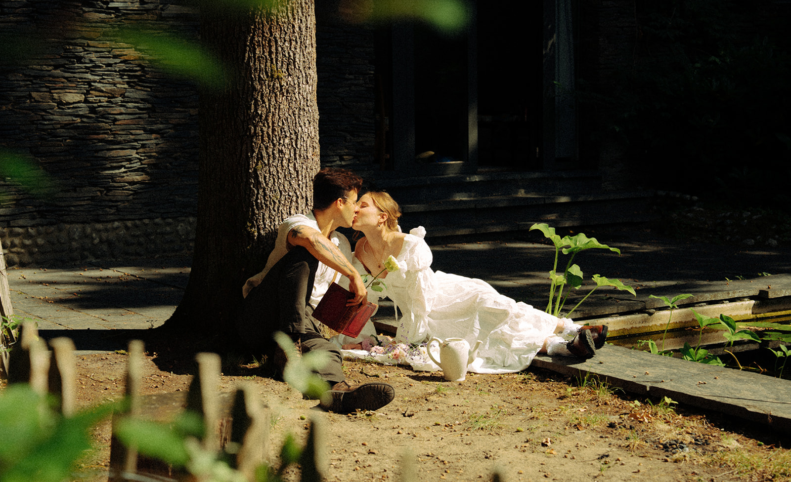 A cinematic photo of a couple taken during their forest elopement in Belgium.