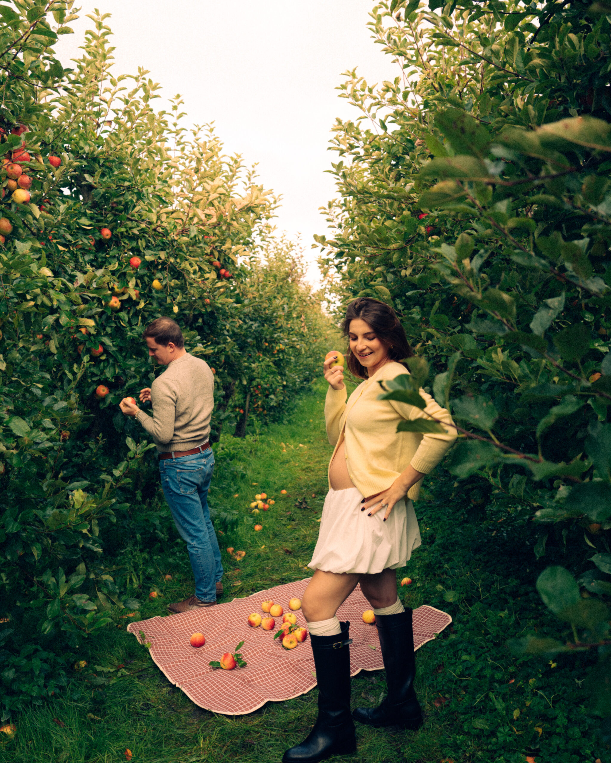 A cinematic photo of a couple at an apple orchard in the Netherlands.