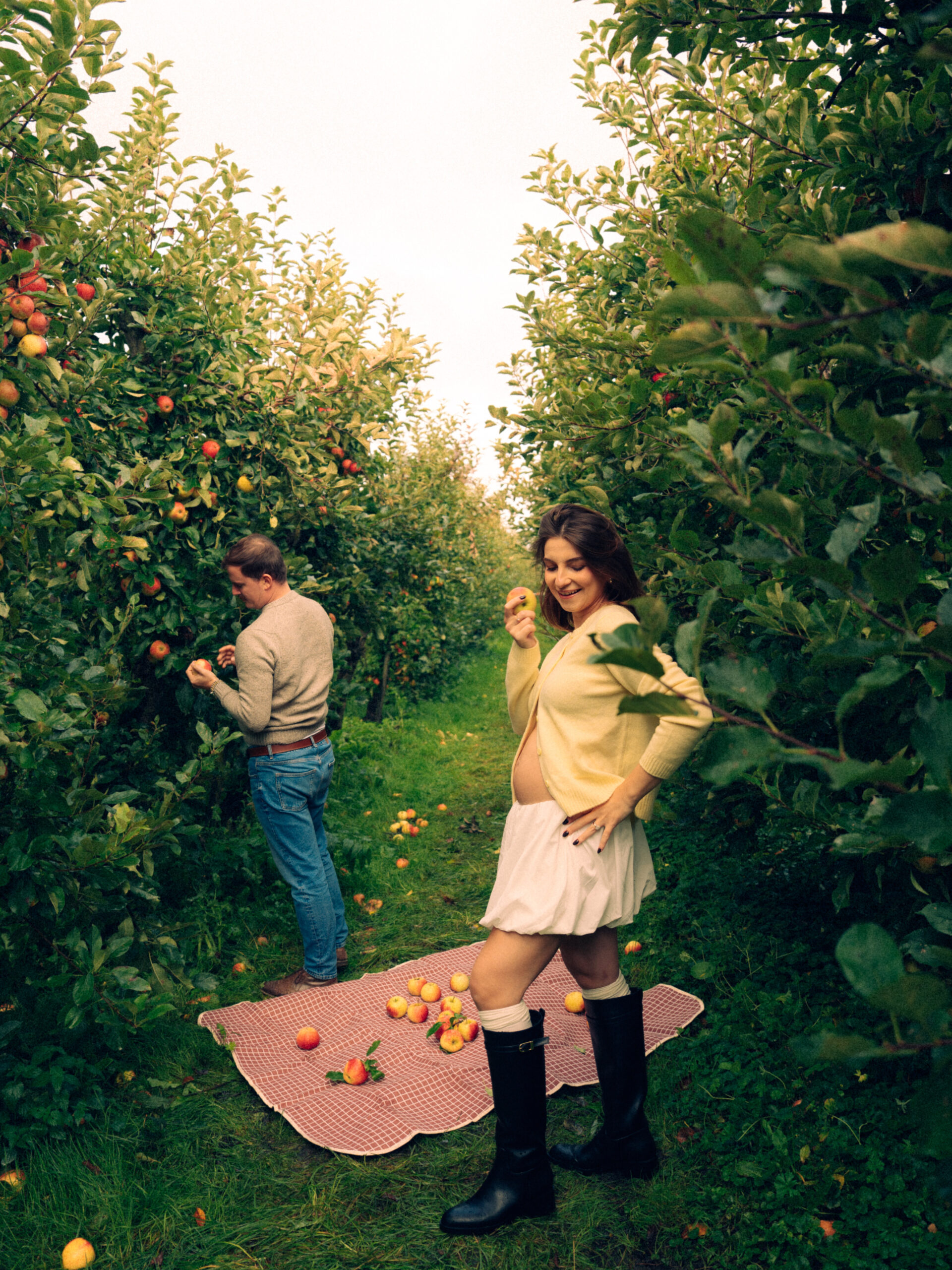 A cinematic photo of a couple at an apple orchard in the Netherlands.
