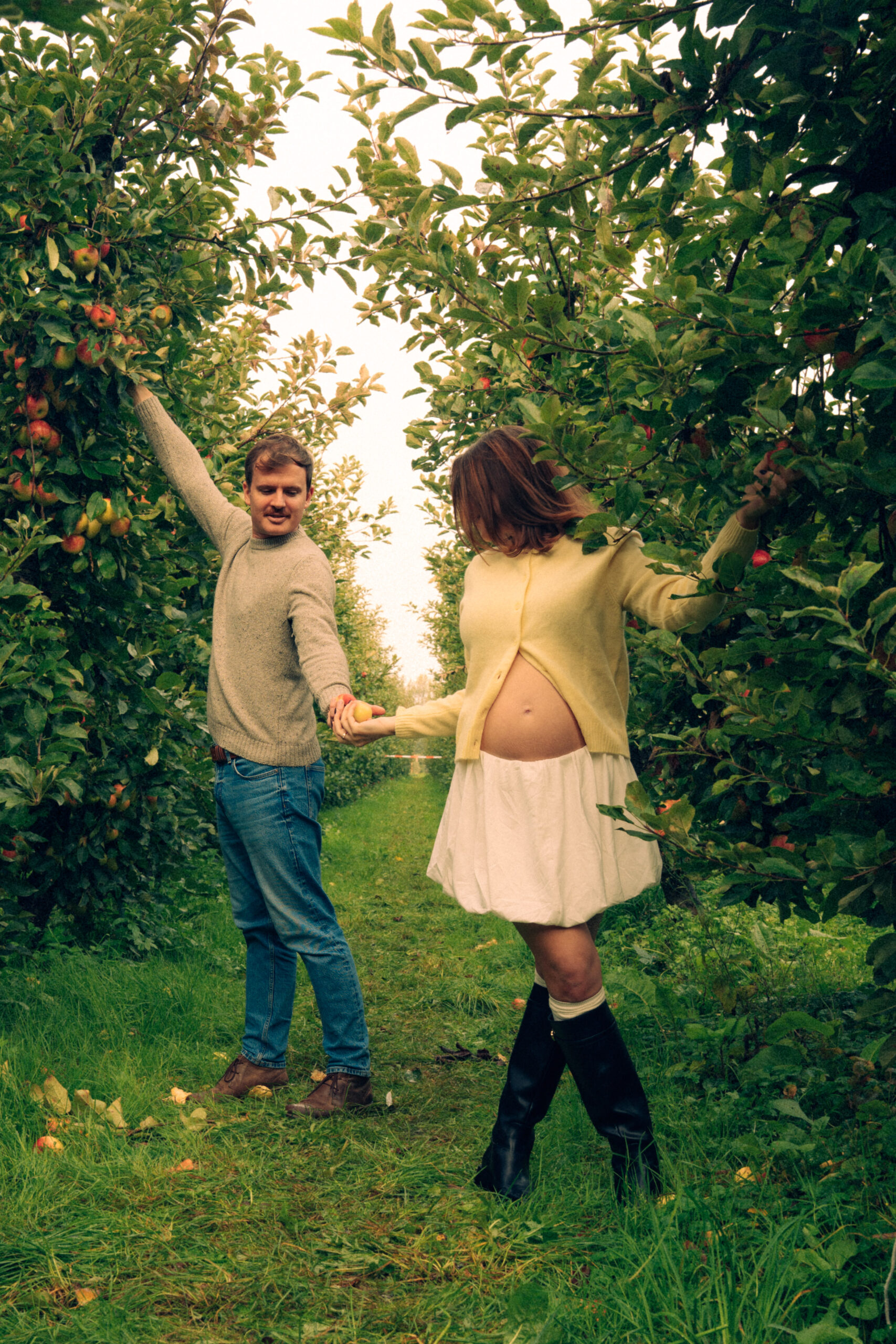 A cinematic photo of a couple at an apple orchard in the Netherlands.