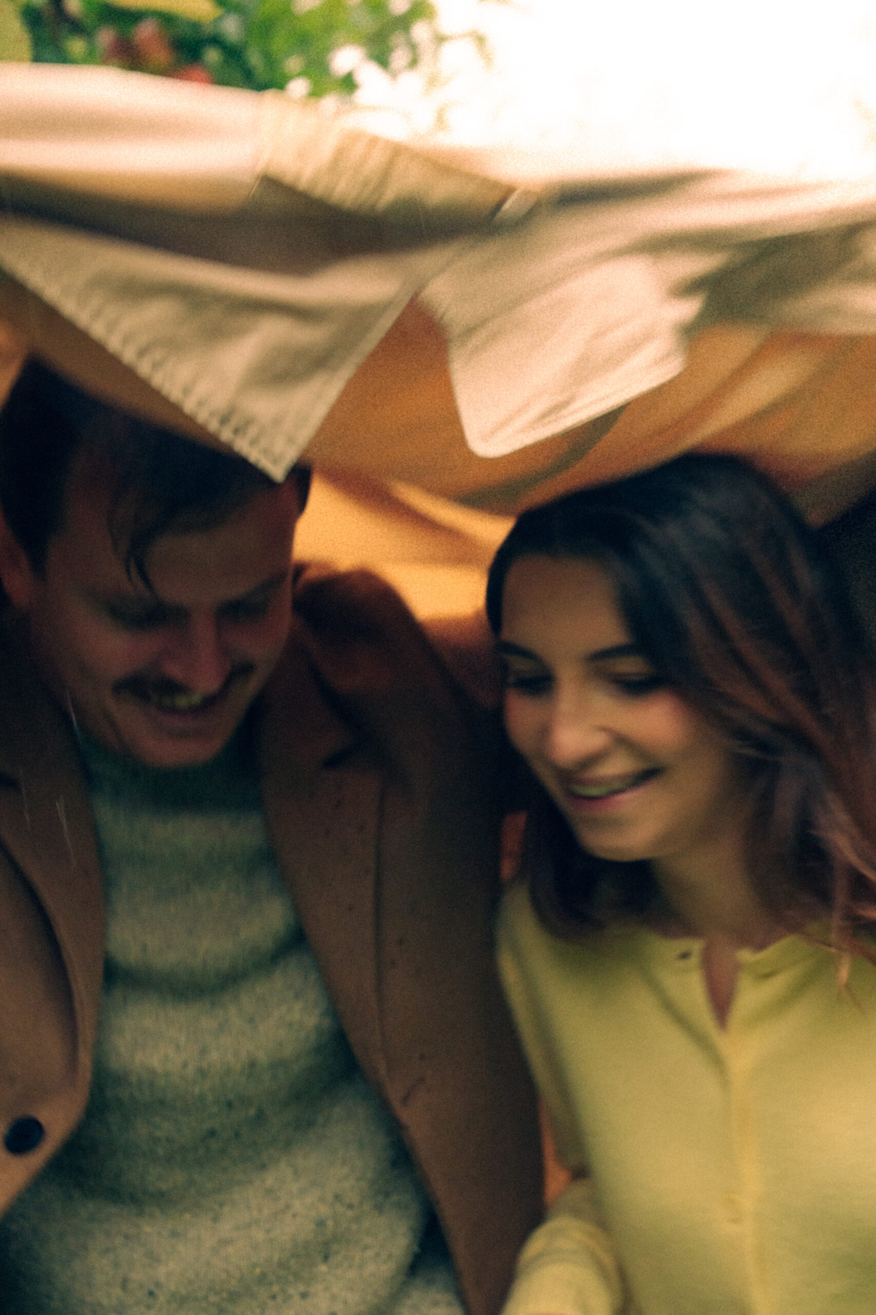 A cinematic photo of a couple at an apple orchard in the Netherlands.