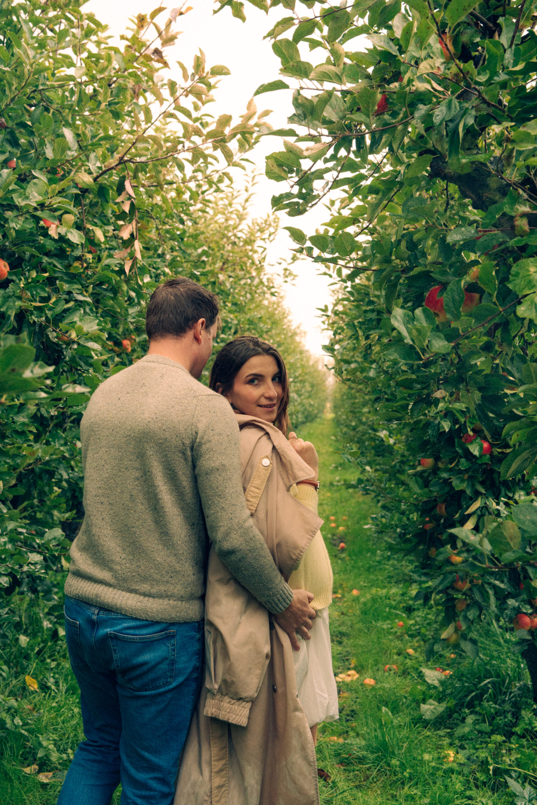 A cinematic photo of a couple at an apple orchard in the Netherlands.