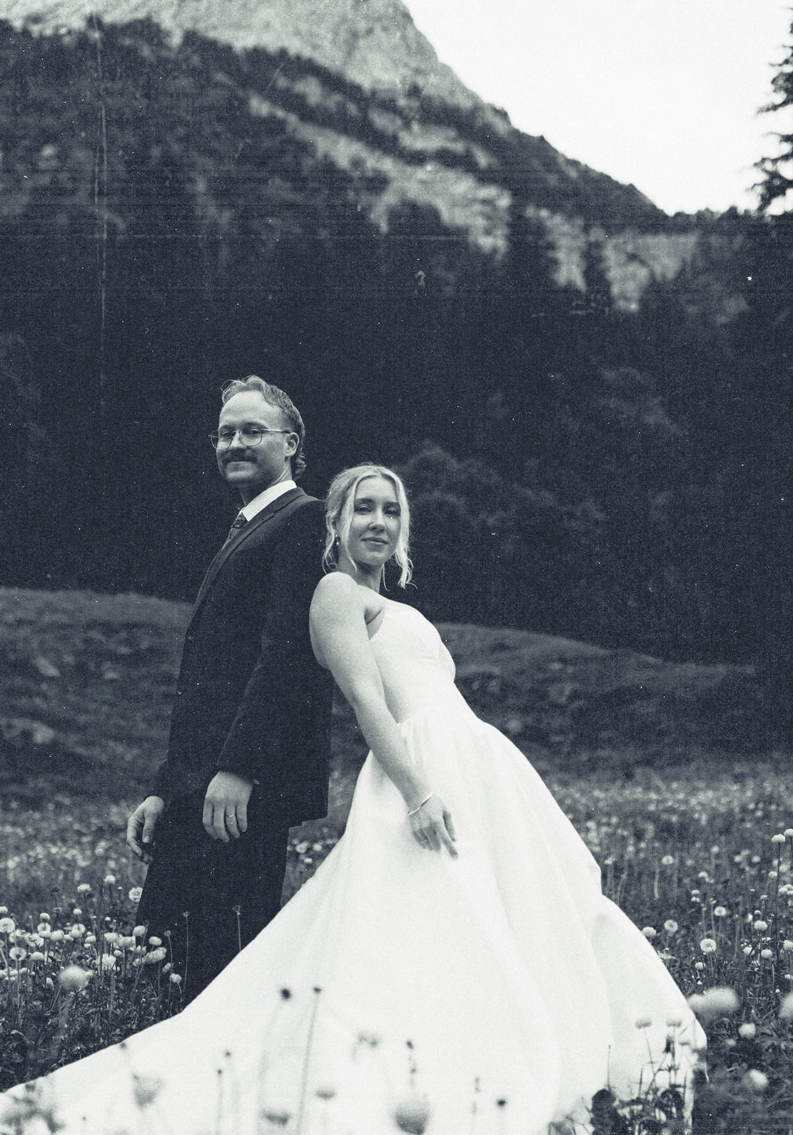 A cinematic photo of a bride and bridegroom during their elopement in Rosenlaui, Switzerland.